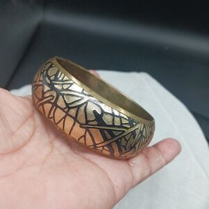 Vintage Brass/Blk Enamel Mosaic Stacking Bangle Bracelet Midi Chunky Boho Retro